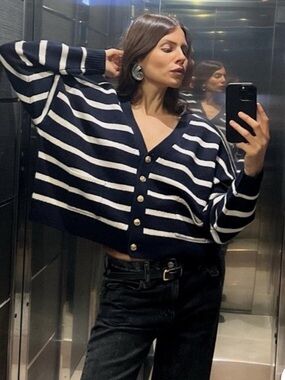 Zara Navy and White Striped 100% Wool Button-Up Cardigan